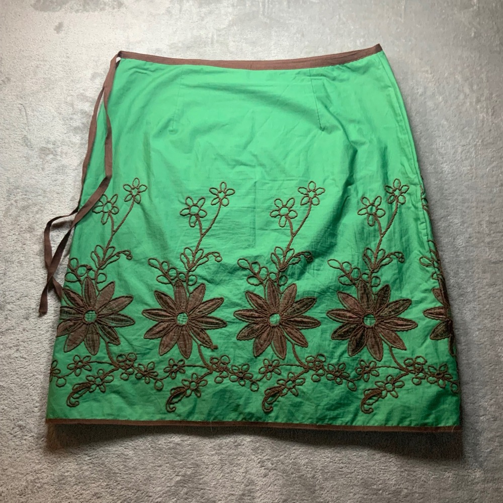 Max Studio Green Brown Floral Embroidered Cotton Wrap Skirt Size 12 8702G12 - Picture 6 of 7